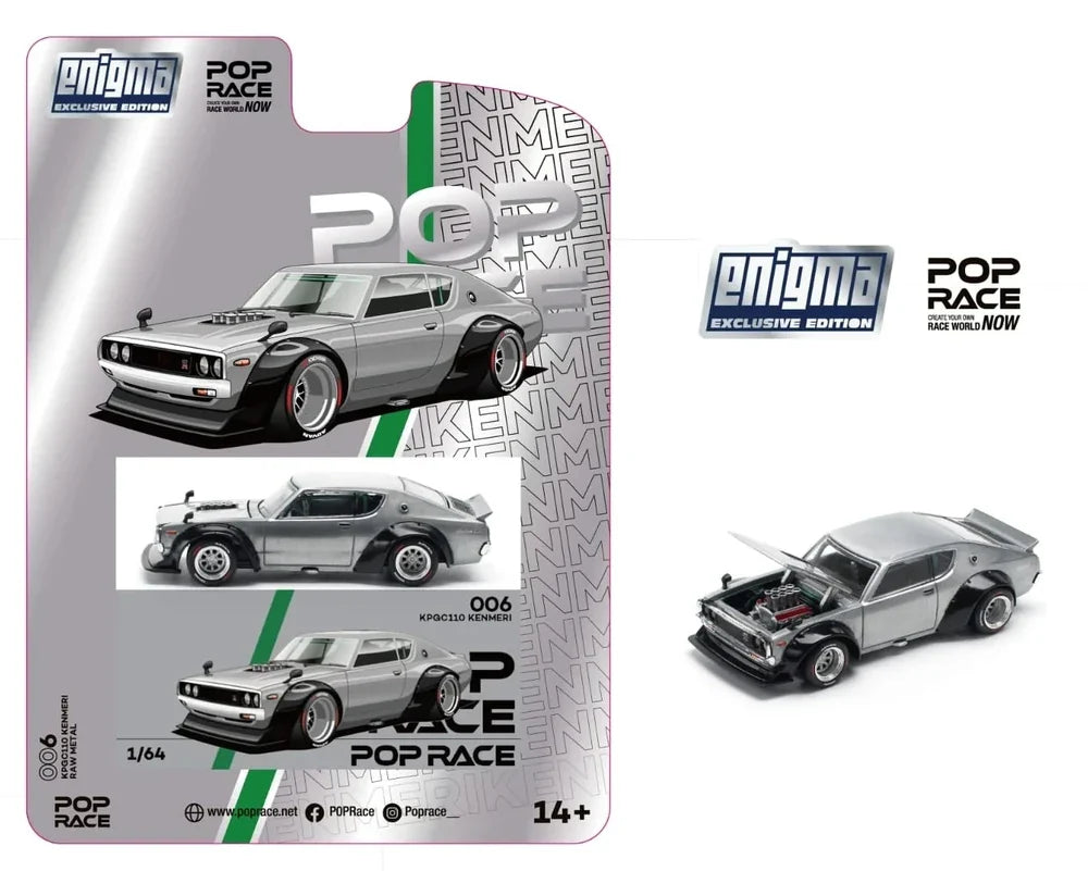 Pop Race x Enigma 1/64 - Nissan Skyline KPGC110 Kenmeri Raw Metal