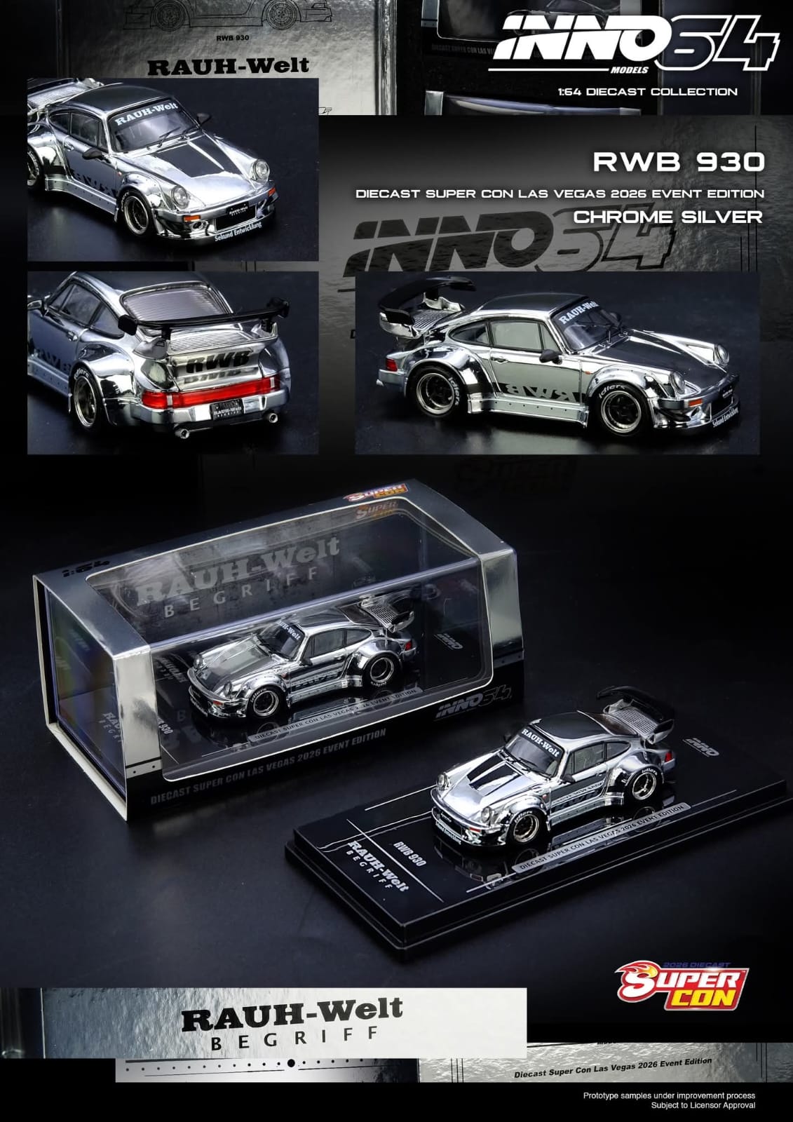 Inno64 1/64 - Porsche RWB 930 Chrome Silver Diecast Super Con las Vegas 2026 Event Edition