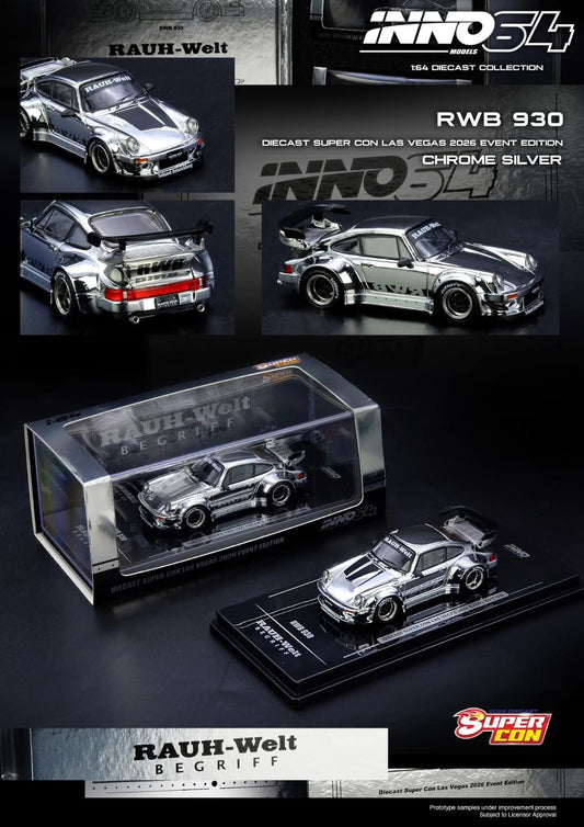 Inno64 1/64 - Porsche RWB 930 Chrome Silver Diecast Super Con las Vegas 2026 Event Edition