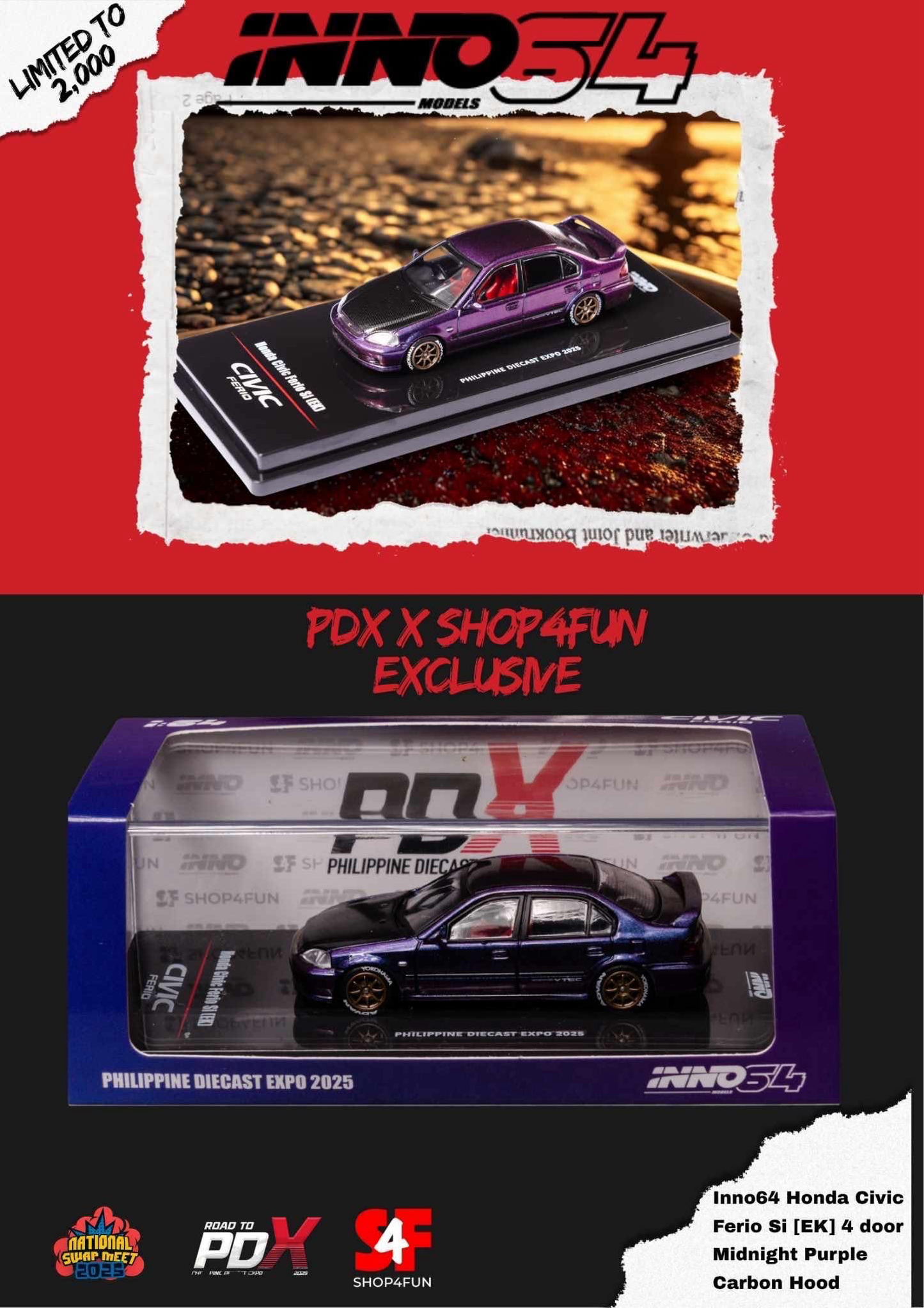 Inno64 1/64 - Honda Civic Ferio Si (EK) Midnight Purple Philippine Diecast Expo 2025 Event Exclusive