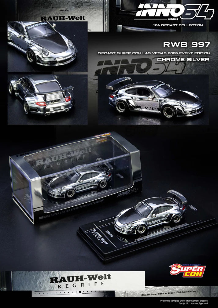 Inno64 1/64 - Porsche RWB 997 Chrome Silver Diecast Super Con Las Vegas 2026 Event Edition