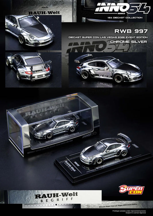 Inno64 1/64 - Porsche RWB 997 Chrome Silver Diecast Super Con Las Vegas 2026 Event Edition