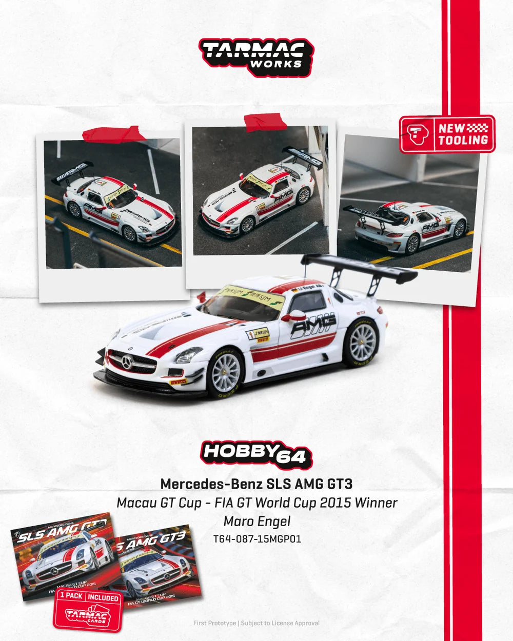 Tarmac Works 1/64 - 1/64 Mercedes-Benz SLS AMG GT3 Macau GT Cup - FIA GT World Cup 2015 #1 Winner - Maro Engel with Tarmac Cards - HOBBY64