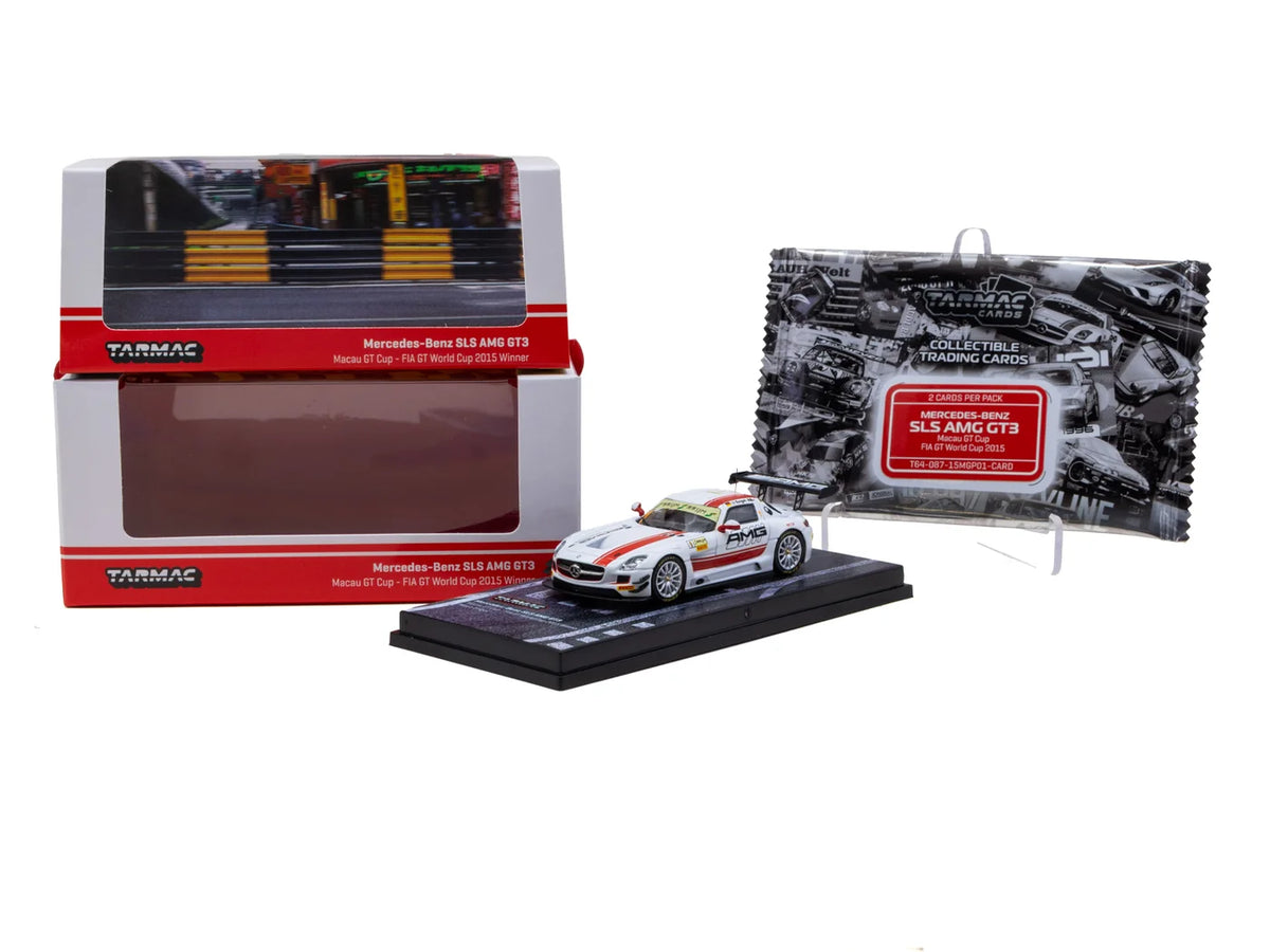 Tarmac Works 1/64 - 1/64 Mercedes-Benz SLS AMG GT3 Macau GT Cup - FIA GT World Cup 2015 #1 Winner - Maro Engel with Tarmac Cards - HOBBY64
