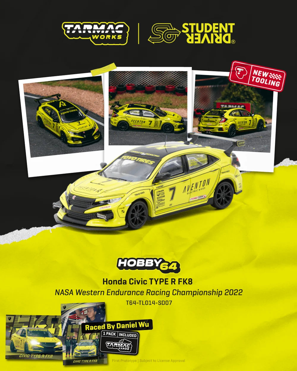 Tarmac Works 1/64 - Honda Civic TYPE R FK8 NASA Western Endurance Racing Championship 2022 #7 Student Driver (by Daniel Wu) with Tarmac Cards - HOBBY64