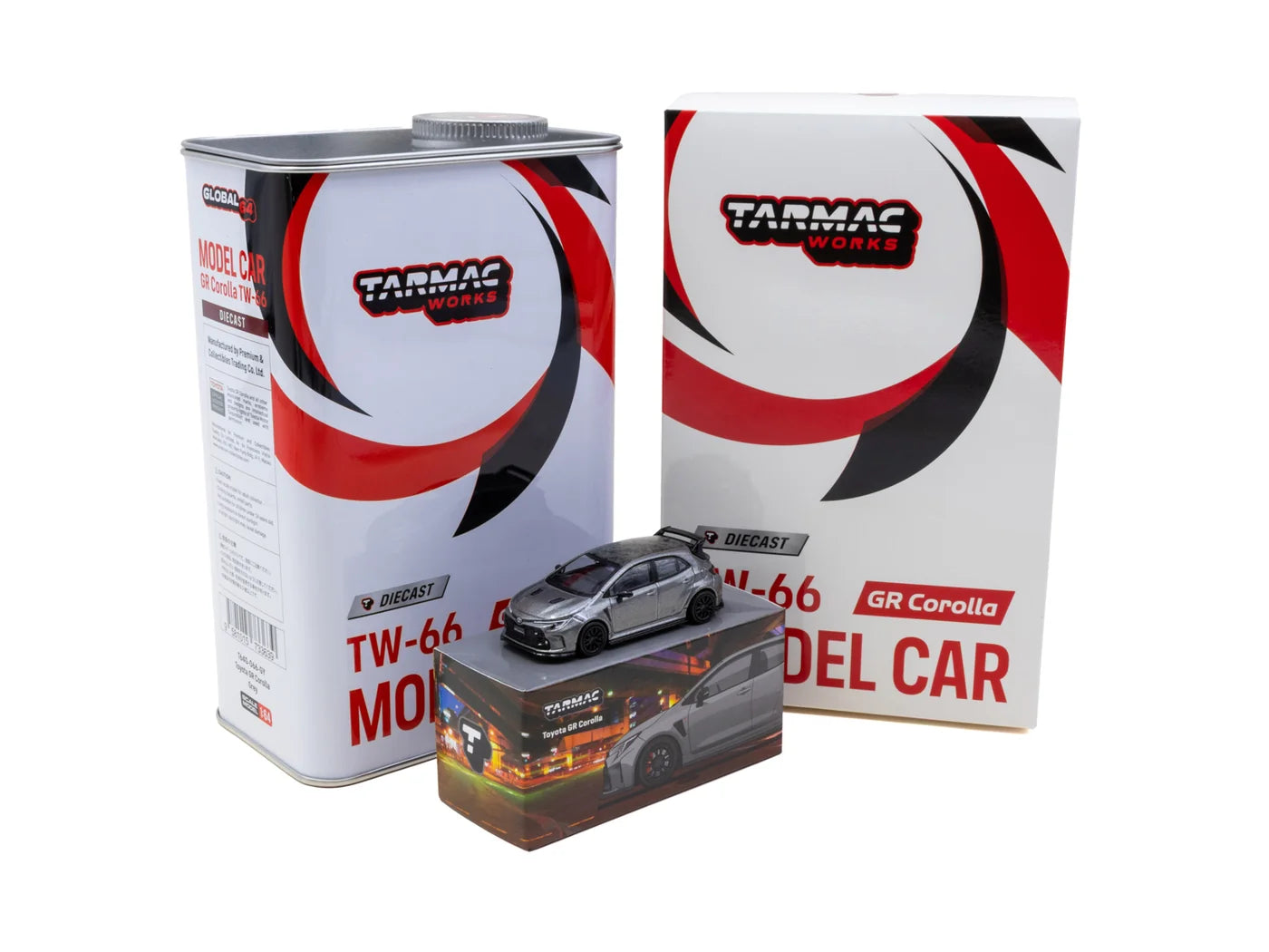 Tarmac Works 1/64 - Toyota GGR Corolla Grey With Oil Can Packaging - GLOBAL64